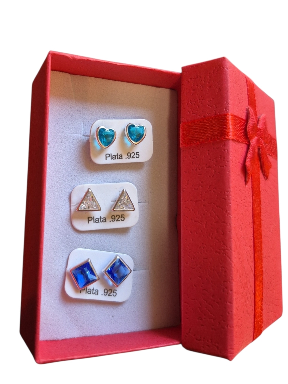 .925S terling Silver Heart, Triangle & Square Stud Earring Set - Blue/Teal